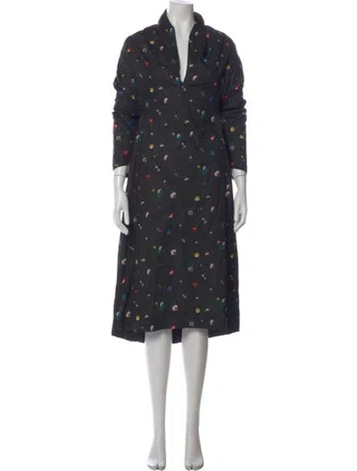 Pre-owned Caron Callahan Floral Print Midi Length Dress In Gray