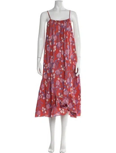 Pre-owned Caron Callahan Floral Print Midi Length Dress In Red