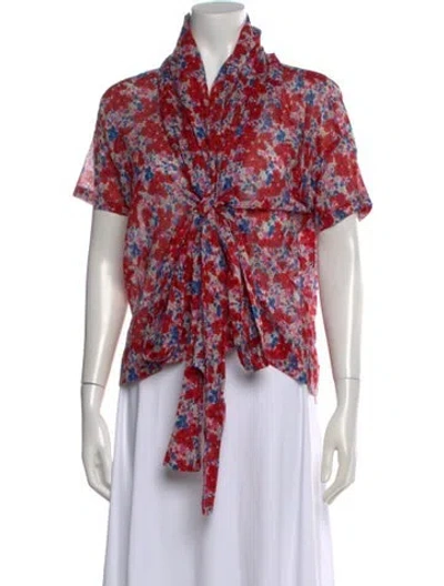 Pre-owned Caron Callahan Floral Print Tie Neck Blouse In Red