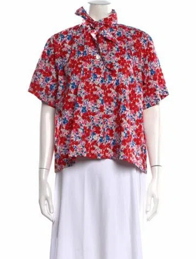 Pre-owned Caron Callahan Floral Print Tie Neck Blouse In Red