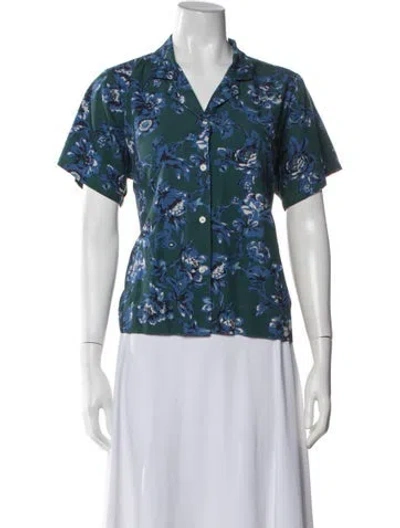 Pre-owned Caron Callahan Floral Print V-neck Button-up Top In Green