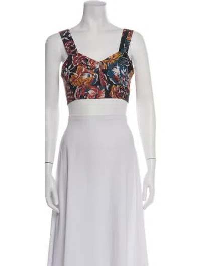 Pre-owned Caron Callahan Floral Print V-neck Crop Top In White