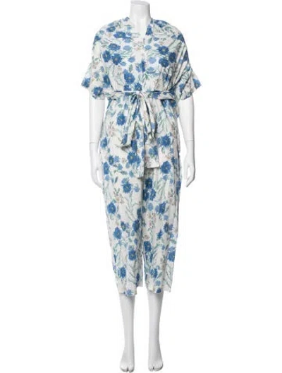 Pre-owned Caron Callahan Floral Print V-neck Jumpsuit In White