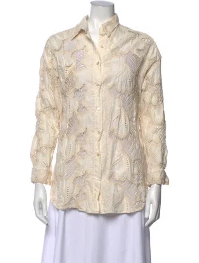 Pre-owned Caron Callahan Lace Pattern Long Sleeve Blouse In Neutrals
