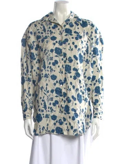Pre-owned Caron Callahan Linen Floral Print Button-up Top In Multi