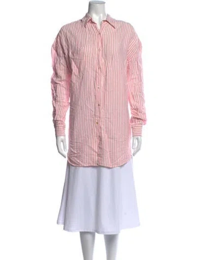 Pre-owned Caron Callahan Linen Striped Button-up Top In Pink