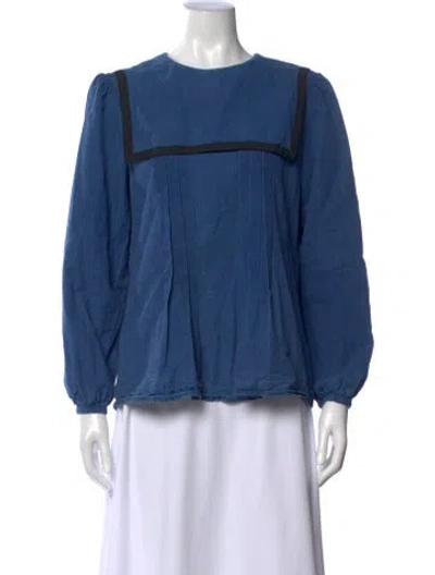 Pre-owned Caron Callahan Mock Neck Long Sleeve Blouse In Blue