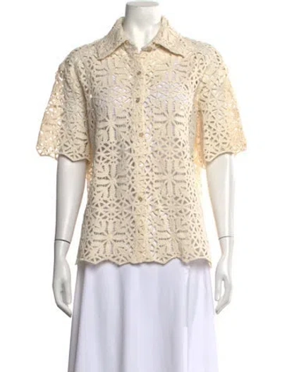 Pre-owned Caron Callahan Patterned Short Sleeve Blouse In Neutrals