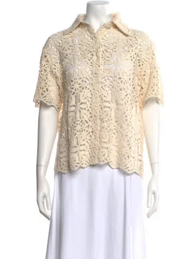 Pre-owned Caron Callahan Patterned Short Sleeve Button-up Top In Neutral