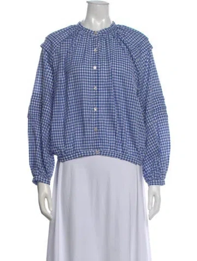 Pre-owned Caron Callahan Plaid Print Crew Neck Blouse In Blue