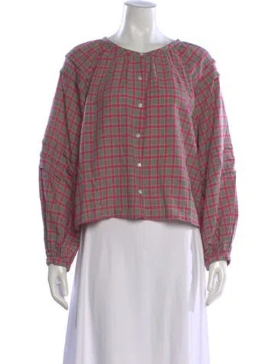 Pre-owned Caron Callahan Plaid Print Crew Neck Blouse In Pink