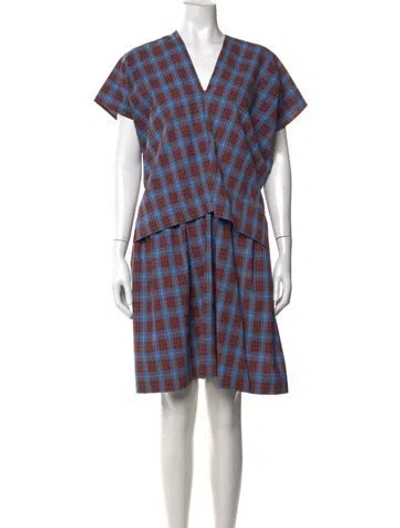 Pre-owned Caron Callahan Plaid Print Knee-length Dress In Blue