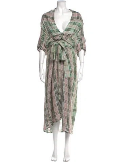 Pre-owned Caron Callahan Plaid Print Long Dress In Green