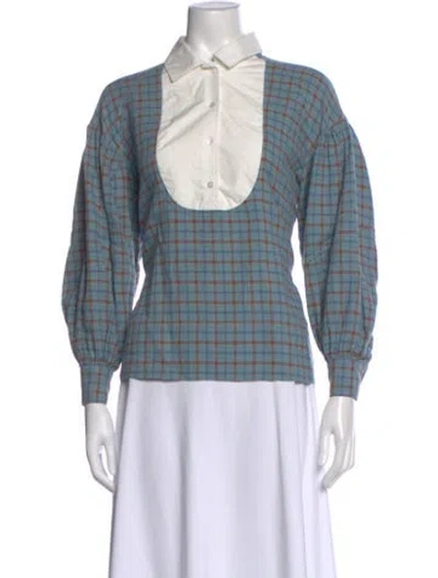 Pre-owned Caron Callahan Plaid Print Long Sleeve Blouse In Blue