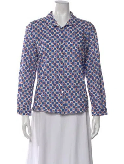 Pre-owned Caron Callahan Plaid Print Long Sleeve Blouse In Blue