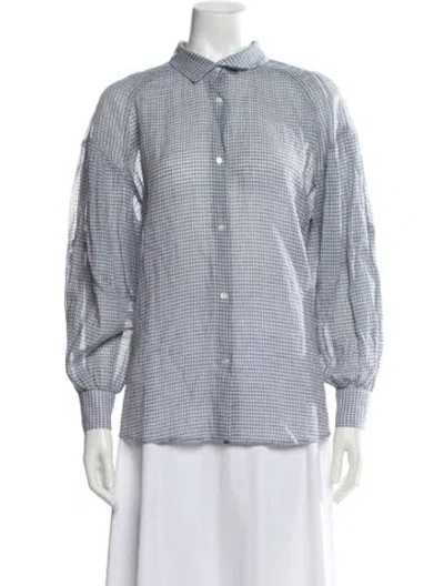 Pre-owned Caron Callahan Plaid Print Long Sleeve Blouse In Blue