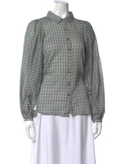 Pre-owned Caron Callahan Plaid Print Long Sleeve Blouse In Green