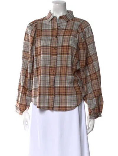 Pre-owned Caron Callahan Plaid Print Long Sleeve Button-up Top In Brown