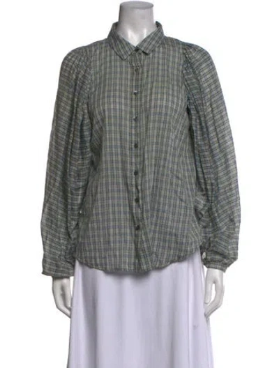 Pre-owned Caron Callahan Plaid Print Long Sleeve Button-up Top In Green