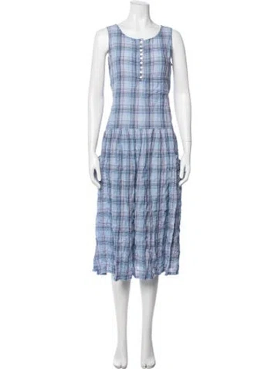 Pre-owned Caron Callahan Plaid Print Midi Length Dress In Blue