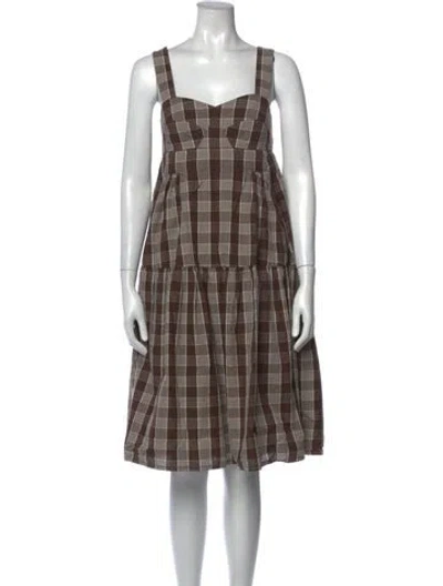 Pre-owned Caron Callahan Plaid Print Midi Length Dress In Brown