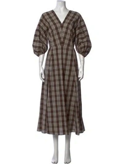 Pre-owned Caron Callahan Plaid Print Midi Length Dress In Brown