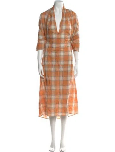 Pre-owned Caron Callahan Plaid Print Midi Length Dress W/ Tags In Orange