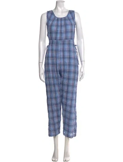 Pre-owned Caron Callahan Plaid Print Scoop Neck Jumpsuit In Blue/neutrals
