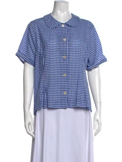 Pre-owned Caron Callahan Plaid Print Short Sleeve Blouse In Blue