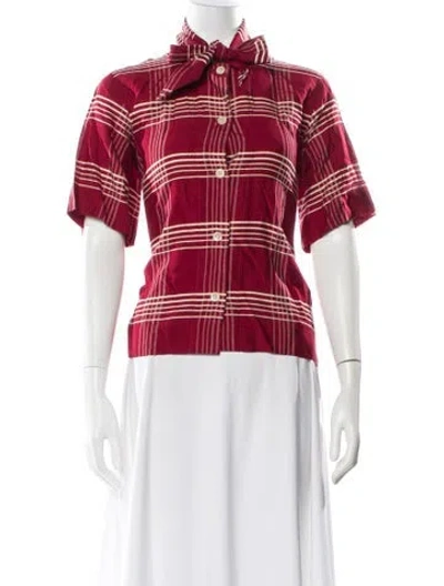 Pre-owned Caron Callahan Plaid Print Short Sleeve Button-up Top In Red