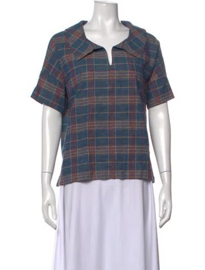 Pre-owned Caron Callahan Plaid Print Short Sleeve Top In Blue