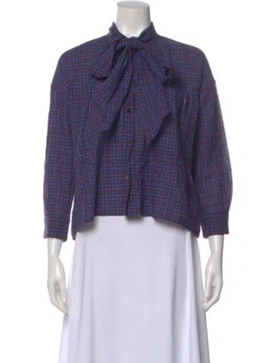 Pre-owned Caron Callahan Plaid Print Tie Neck Blouse In Blue
