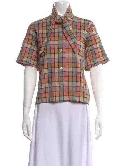 Pre-owned Caron Callahan Plaid Print Tie Neck Blouse In Multicolor