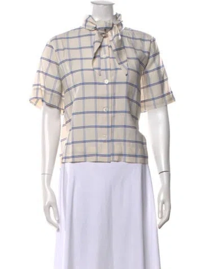 Pre-owned Caron Callahan Plaid Print Tie Neck Blouse In Neutrals