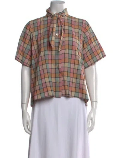 Pre-owned Caron Callahan Plaid Print Tie Neck Button-up Top W/ Tags In Multi