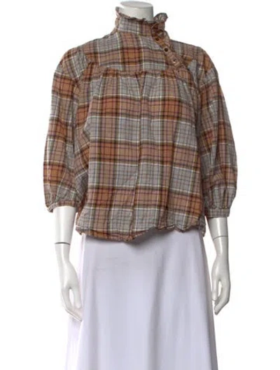 Pre-owned Caron Callahan Plaid Print Tie Neck Top In Neutrals