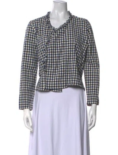Pre-owned Caron Callahan Plaid Print V-neck Blouse In Black/blue
