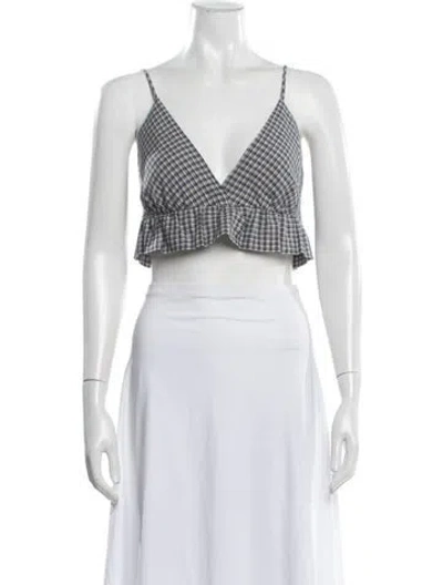 Pre-owned Caron Callahan Plaid Print V-neck Crop Top In White