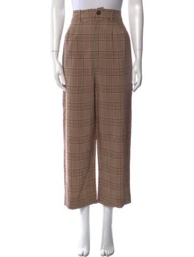 Pre-owned Caron Callahan Plaid Print Wide Leg Pants In Brown