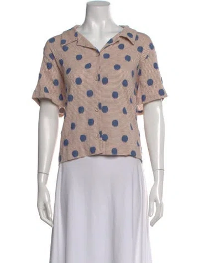 Pre-owned Caron Callahan Polka Dot Print Short Sleeve Button-up Top In Neutral