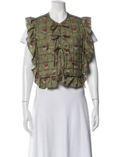 Pre-owned Caron Callahan Printed V-neck Top In Green