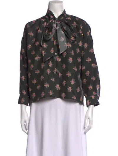 Pre-owned Caron Callahan Silk Floral Print Blouse In Black