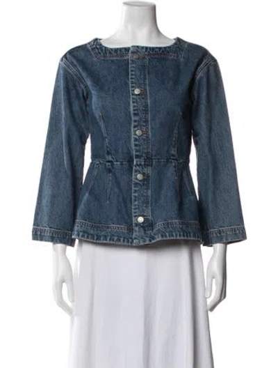 Pre-owned Caron Callahan Square Neckline Three-quarter Sleeve Button-up Top In Blue