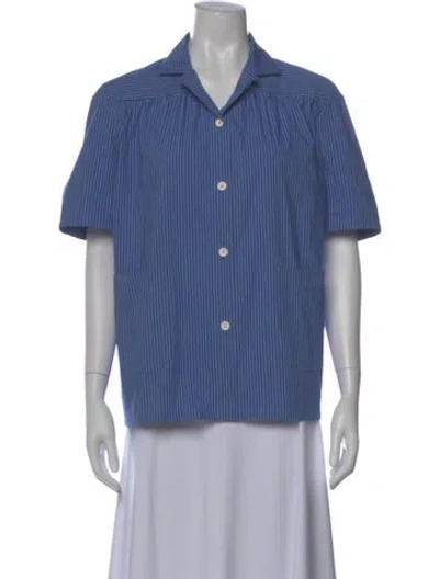 Pre-owned Caron Callahan Striped Short Sleeve Button-up Top In Blue