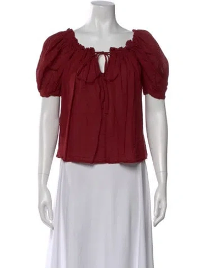 Pre-owned Caron Callahan Tie Neck Short Sleeve Blouse In Red