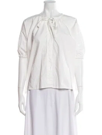 Pre-owned Caron Callahan Tie Neck Short Sleeve Blouse In White
