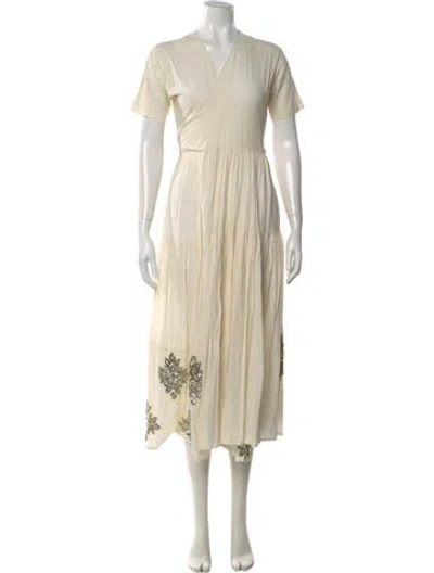 Pre-owned Caron Callahan V-neck Midi Length Dress In Neutral