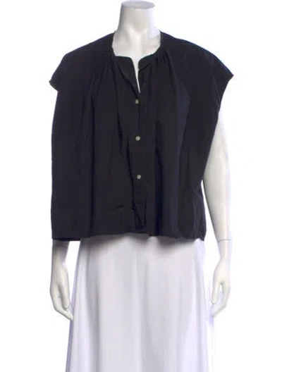 Pre-owned Caron Callahan V-neck Short Sleeve Blouse In Blue