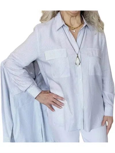 Carre Noir Striped Button Down Shirt In White W/ Gray Stripes In Blue
