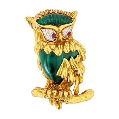 Pre-owned Carrera Y Carrera 18 Karat Yg Owl Brooch With.42 Diamond, Malachite &.32 Ruby In Multi